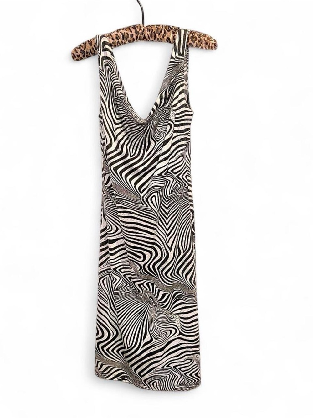 Abstract Vintage 90s Zebra-Print Cowl Neck Cocktail Party Dress Black & White M